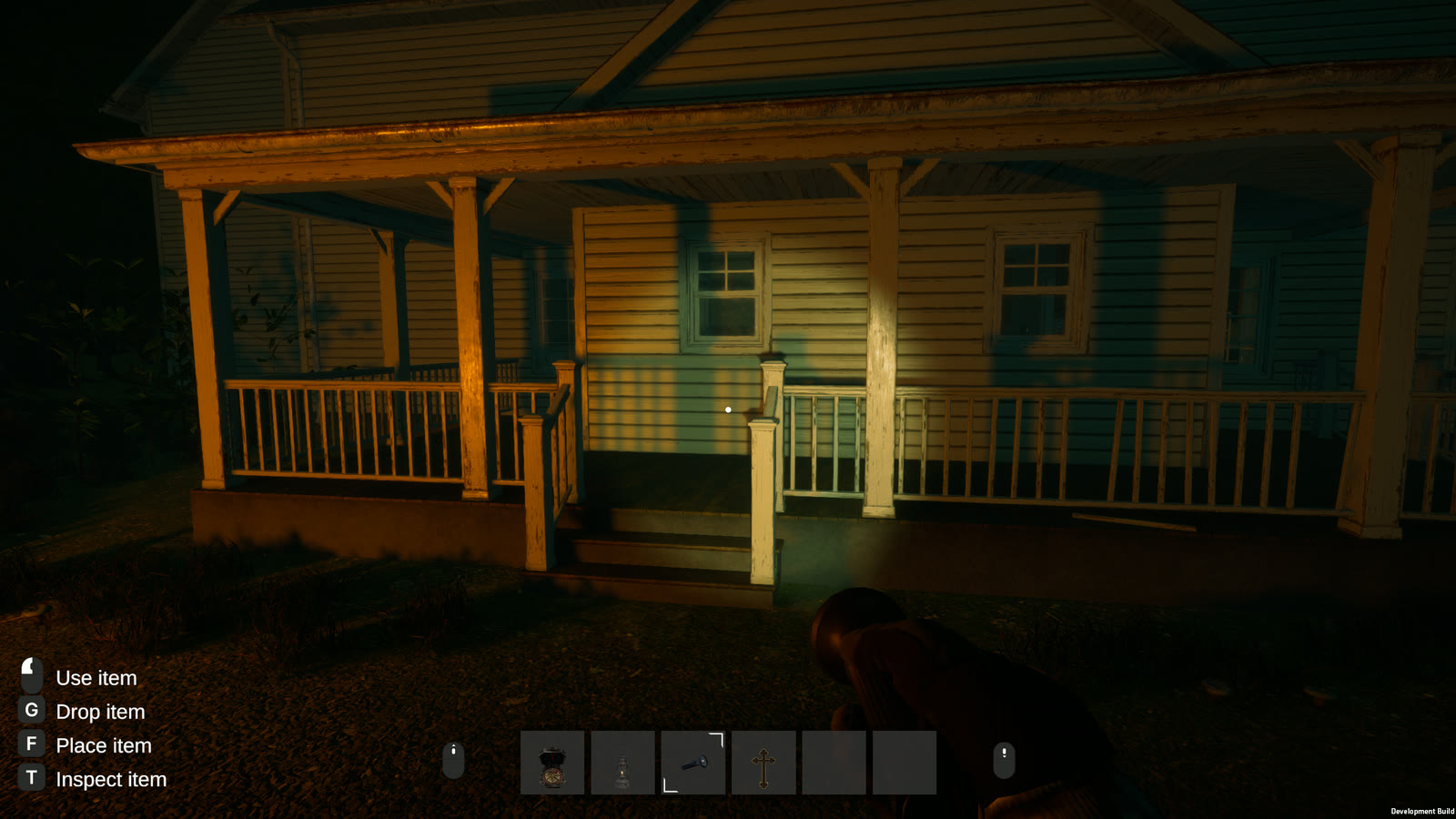 A clapboard farmhouse at night, its porch railings catching the light as a Banisher crouches in the yard.