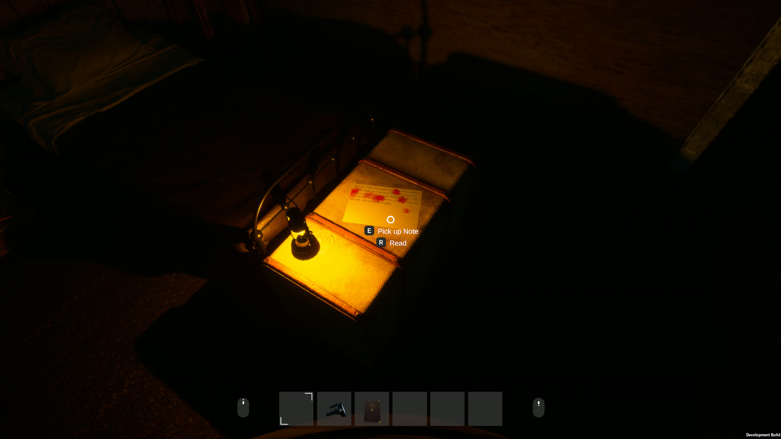 A glowing lantern in an open drawer beside a bloodstained note, with prompts to pick it up or read it.