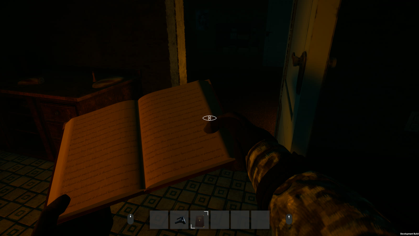 A Banisher holds open a lined journal in a dim, tiled room beside an open door.