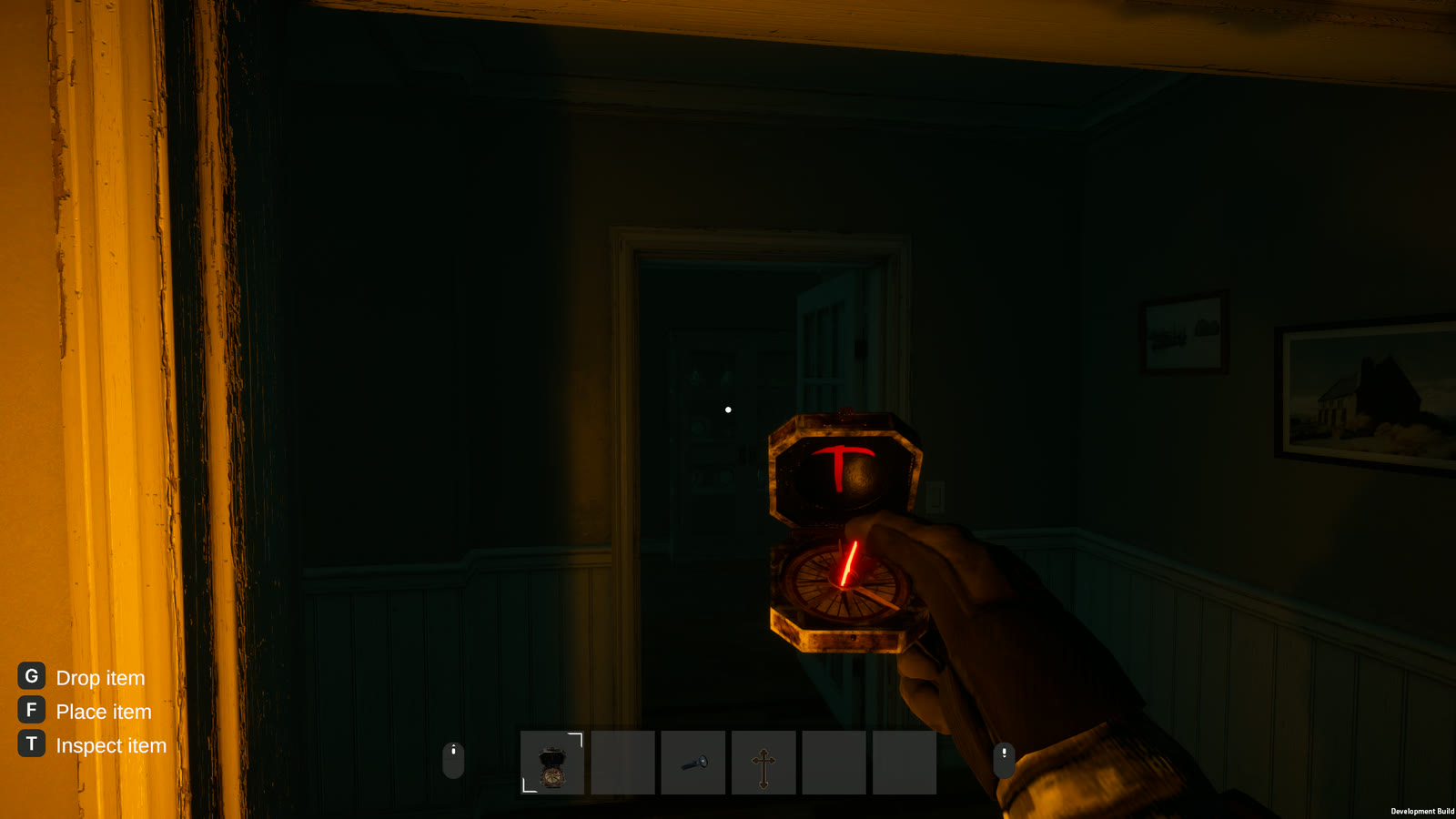 A Banisher holds up a brass compass-like device, its red needle swinging toward a dark doorway.