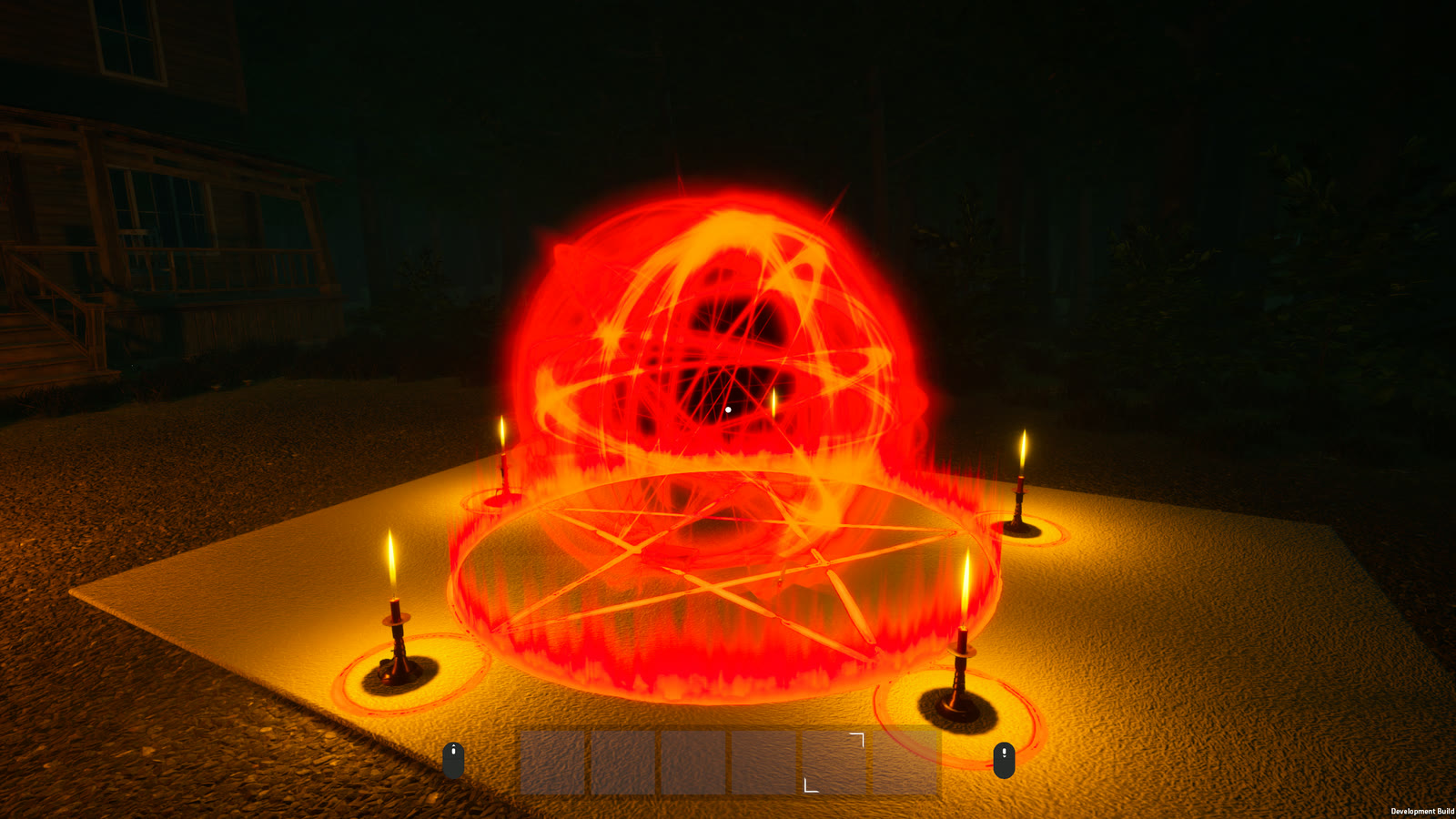 The ritual completes: a sphere of red fire erupts from the candlelit pentagram outside the house.