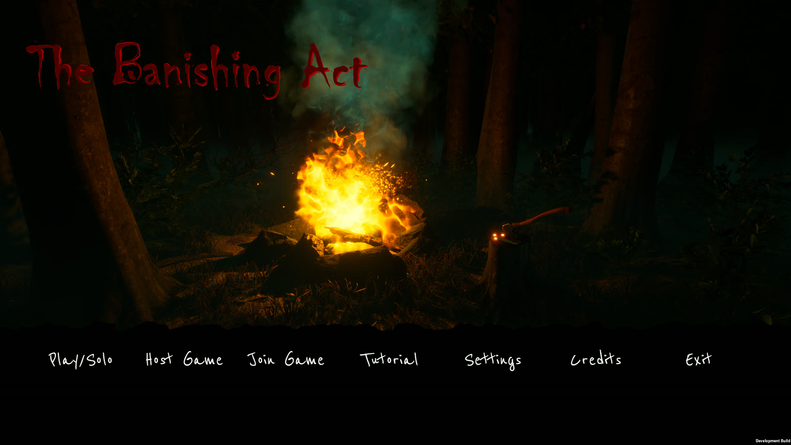 The title screen: “The Banishing Act” in red lettering above a campfire in a dark forest, with the Play, Host Game and Join Game menu below.