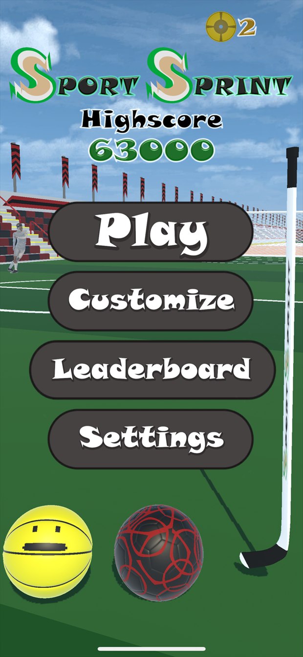 The SportSprint main menu over a stadium pitch: Play, Customize, Leaderboard and Settings, with a 63,000 highscore.