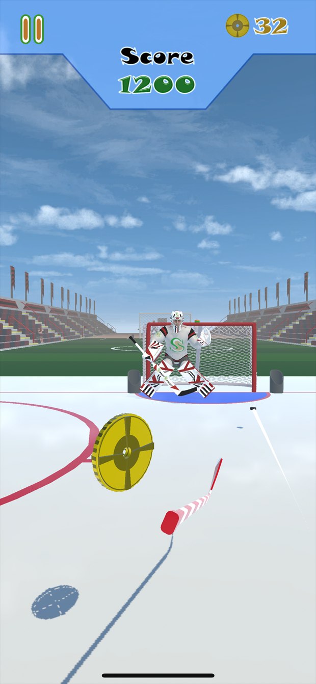 A hockey round: a goalie guards the net on the ice while a puck and a spinning obstacle race toward the player. Score 1200.